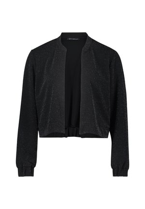 Black cropped bomber jacket made of soft material, featuring a subtle sparkle. Long sleeves with elastic cuffs and a hidden closure.