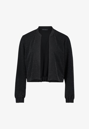 Musta lyhyt bomber-takki pehmeästä materiaalista, jossa on hieno kimallus. Pitkät hihat elastisilla resoreilla ja piilotettu suljenta.