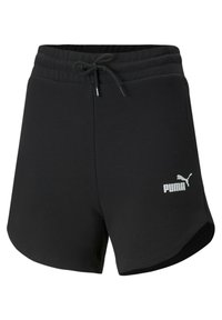 Černé sportovní šortky z měkké tkaniny, s elastickým pasem na šňůrku, postranními rozparky a reflexním logem Puma.