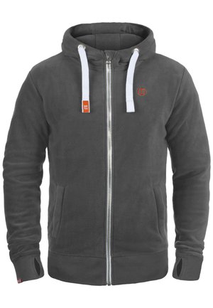 Gray fleece hoodie with white drawstrings, zipper closure, and side pockets. Features a logo on the chest and ribbed cuffs and hem.