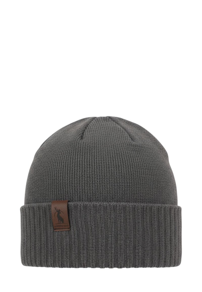 Berretto lavorato a maglia grigio con risvolto a coste e patch logo in pelle marrone sul lato. Texture liscia, parte superiore arrotondata e design aderente.