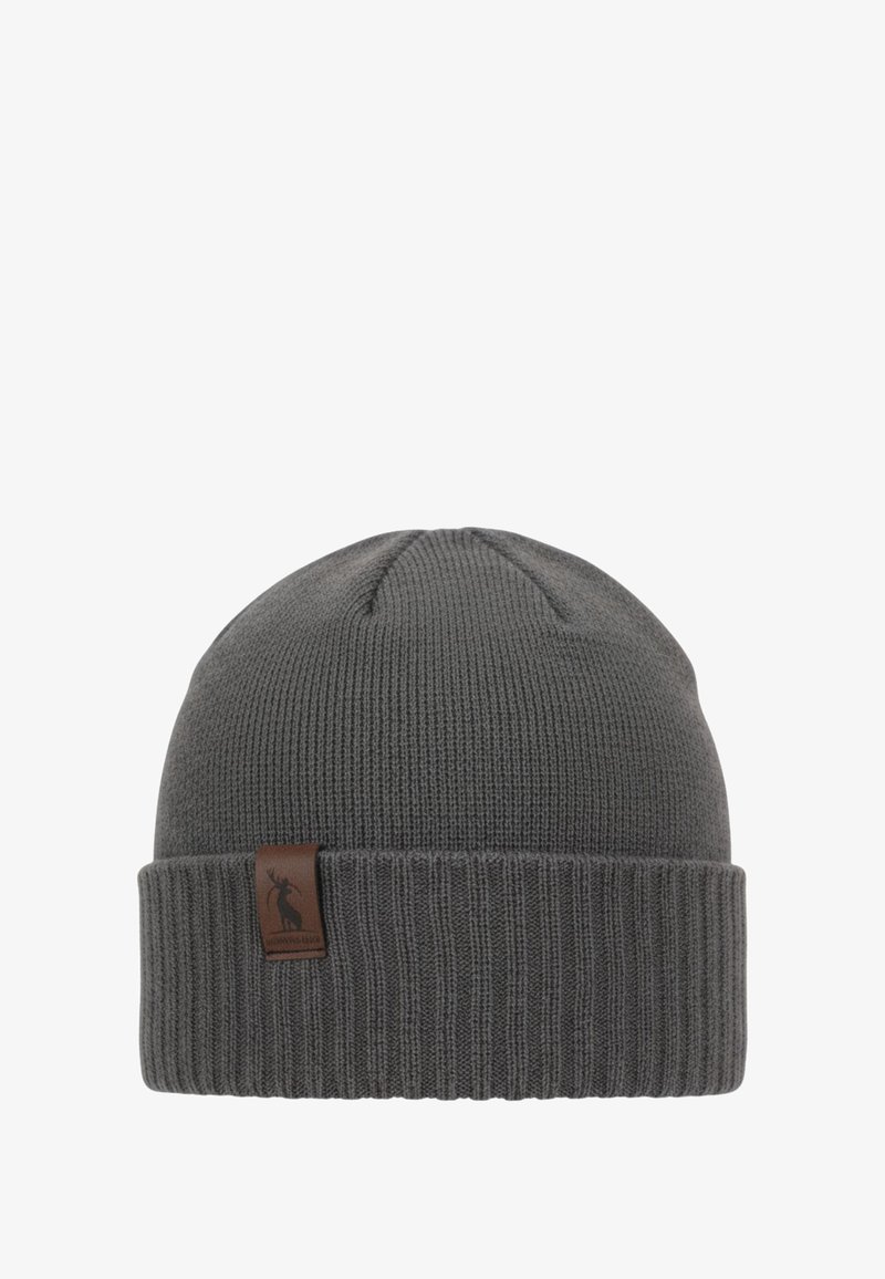 Berretto lavorato a maglia grigio con risvolto a coste e patch logo in pelle marrone sul lato. Texture liscia, parte superiore arrotondata e design aderente.
