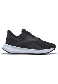 Zapatillas deportivas negras fabricadas con malla transpirable y materiales sintéticos. Cuentan con una entresuela blanca acolchada etiquetada como "FuelFoam" y una suela texturizada.