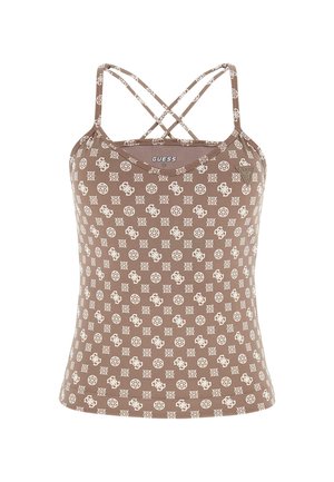 Brown sleeveless top with a crisscross strap design, featuring a white pattern of logos and geometric shapes on soft fabric.