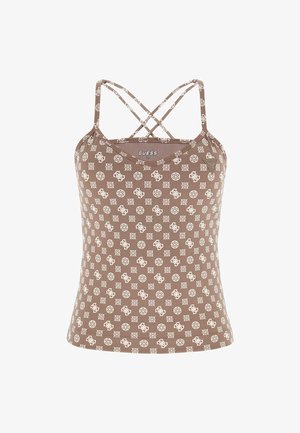 Top sin mangas marrón con un diseño de tirantes entrelazados, que presenta un patrón blanco de logotipos y formas geométricas en una tela suave.