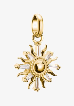 Goldener Sonnenanhänger mit strukturierten Strahlen und einem zentralen runden Edelstein, akzentuiert mit klaren, länglichen Kristallen. Markanter Glanz und filigranes Design.