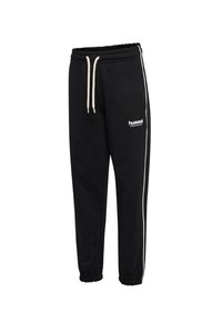 Czarne dresy wykonane z miękkiego materiału, z elastycznym paskiem w talii ze sznurkiem, białymi paskami po bokach oraz małym logo.