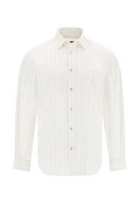 Camicia bianca a maniche lunghe con leggere righe verticali, colletto button-down e sei bottoni frontali; tessuto morbido con texture liscia.