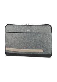 Grau Laptop-Hülle aus strukturiertem Stoff, schwarzer Unterseite und beiger Akzentstreifen. Mit einem Reißverschluss und einer Fronttasche. Markenlogo sichtbar.