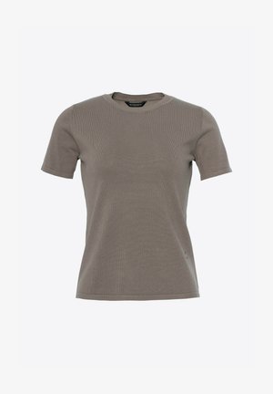 Korte mouwen, ronde hals t-shirt in een gedempte taupe kleur. Gemaakt van een gestructureerde breisel, met een subtiele merketiket aan de zoom.