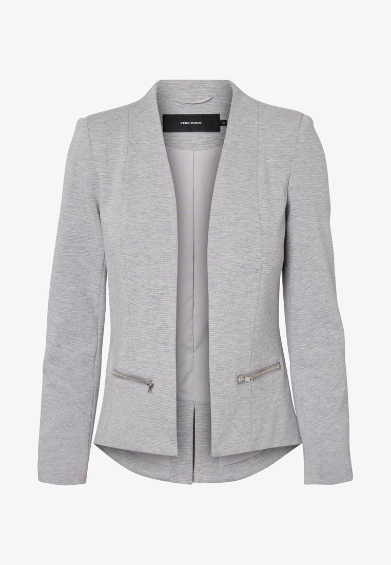 Blazer femme gris clair à manches longues, devant ouvert, deux petites poches zippées et ourlet légèrement incurvé à l'arrière.
