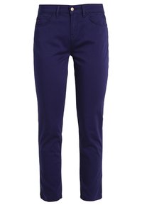 Tmavě modré slim-fit kalhoty s předním knoflíkem, zipem, poutky na opasek a pětikomorovým designem.