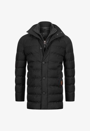 Black puffer jacket with a button-up front, side pockets, and a high collar. Features quilted texture and an orange logo accent.