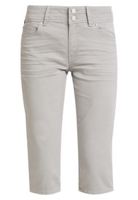 Vaaleanharmaat, puuvillasta valmistetut lyhyet housut, joissa on kaksipainikkeinen suljenta, etutaskut ja sileä pinta. Suora leikkaus edessä ja suorat lahkeet.