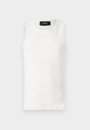 Débardeur blanc sans manches à col rond avec un petit détail usé sous l'encolure.