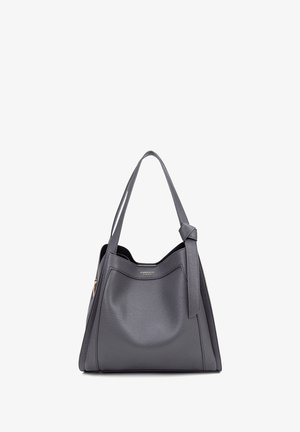 Borsa a tracolla in pelle grigia con una forma strutturata e arrotondata. Presenta manici a spalla e un dettaglio annodato, che enfatizza una superficie testurizzata.