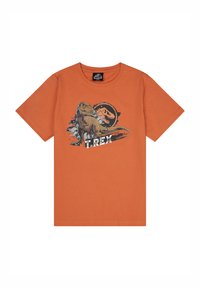 Camiseta de algodón naranja con un gráfico de un T. rex y detalles de salpicaduras, además del texto "T. REX". Diseño de cuello redondo, mangas cortas.