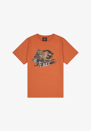 Orange cotton t-shirt featuring a T. rex graphic with splatter details and the text "T. REX." Crew neck design, short sleeves.