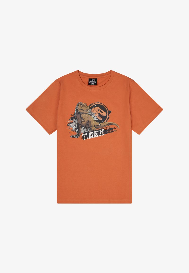 Oranje katoenen t-shirt met een T. rex-illustratie en spetterdetails, voorzien van de tekst "T. REX." Ronde hals, korte mouwen.