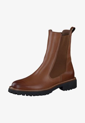 Braune Leder-Chelsea-Boots mit elastischen Seitenpaneelen, runder Zehenpartie und einer schwarzen Gummisohle mit einem Profilmuster für Grip.