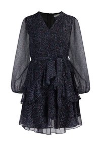 Lyhythihainen, tummanlila mekko, jossa on V-pääntie, kerrokselliset röyhelöt ja läpinäkyvät hihat; siinä on kuviollinen rakenne ja takana vetoketjusulku.