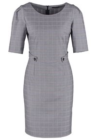 Robe à carreaux gris longueur genou, manches courtes, encolure ronde, détails de boutons à la taille, et fermeture éclair au dos.