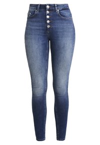 Högmidjade smala jeans i denim med en mörkblå tvätt, med en femknappsframslutning och lätt blekning vid knäna.