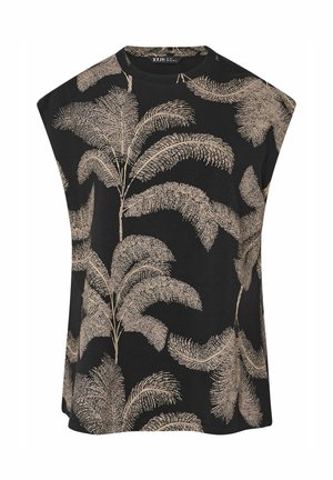 Top nero senza maniche con stampa di foglie di palma beige, scollatura rotonda e vestibilità rilassata.