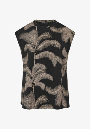 Czarny, bezrękawnik z beżowym nadrukiem palmowych liści, okrągłym dekoltem i luźnym krojem.