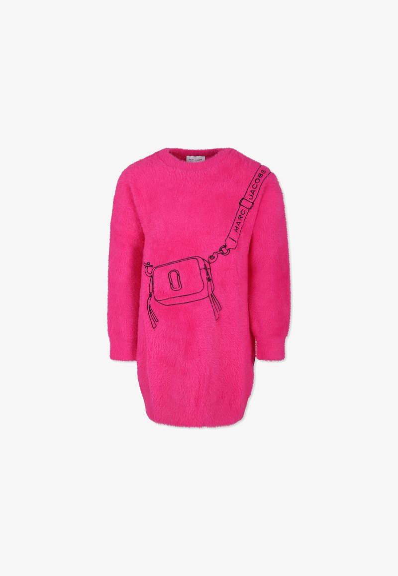 Flauschiger, übergroßer rosa Pullover mit langen Ärmeln und einer Grafik eines gezeichneten Beutels auf der Vorderseite, mit schwarzen Umrissen und Details.