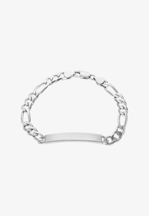 Silver figaro chain bracelet with a smooth, rectangular ID plate and lobster clasp fastening on a white background.