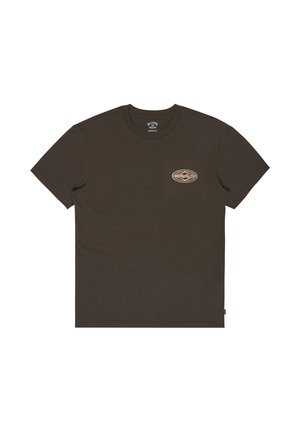 Dark brown short-sleeve T-shirt with small oval logo on left chest featuring a stylized wave and text.