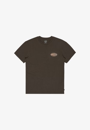 Dark brown short-sleeve T-shirt with small oval logo on left chest featuring a stylized wave and text.