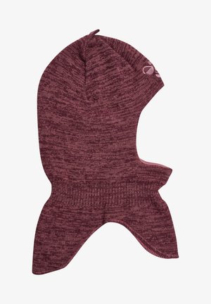 Bordeaux gebreide balaclava met een gestructureerd patroon en een afgeronde bovenkant, voorzien van een opening voor het gezicht en een strakke pasvorm rond de nek.