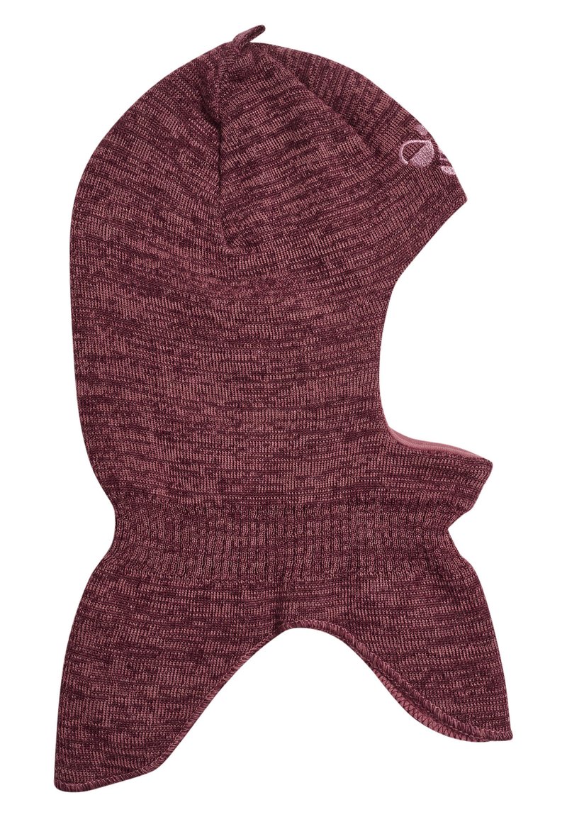 Mörkröd stickad balaclava med ett strukturerat mönster och rundad topp, har en öppning för ansiktet och en tät passform runt nacken.