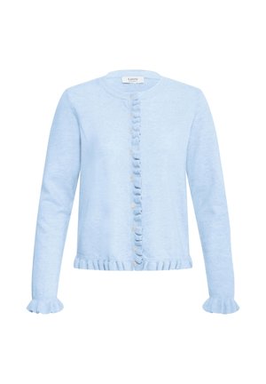 Cardigan bleu clair à manches longues avec encolure ronde, boutonnage devant et bordures à volants aux poignets, à l'avant et à l'ourlet.