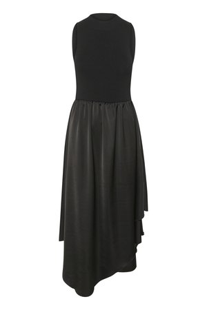A black dress featuring a sleeveless knitted top and a flowing satin skirt with layered asymmetrical hem. Smooth texture throughout.