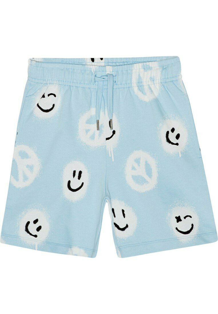 Ljusblå shorts i bomull med dragsko i midjan. Har svarta smiley- och fredssymboler på en molnig vit bakgrund.