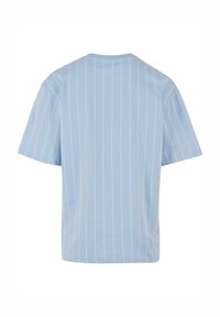 Blue short-sleeve t-shirt featuring vertical white stripes, round neckline, relaxed fit, and soft cotton material, with no visible logos.