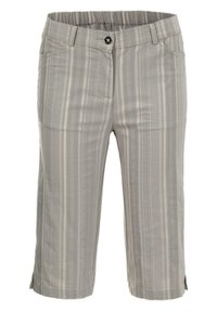 Grijze cropped broek met verticale strepen, voorzien van een knoopsluiting, zijzakken en opgerolde zomen. Gemaakt van lichtgewicht stof.