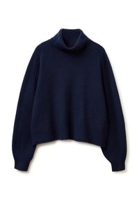 Námorně modrý zkrácený svetr s rolákem, měkkou strukturou, dlouhými rukávy a ribbovaným límcem a manžetami. Jednoduchý design, bez vzorů či akcentů.