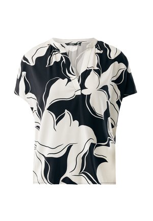 Schwarze und weiße Blumenbluse mit V-Ausschnitt, kurzen Ärmeln und lockerer Passform. Der Stoff hat eine glatte Textur und zeigt abstrakte Blumenmuster.