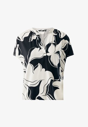 Schwarze und weiße Blumenbluse mit V-Ausschnitt, kurzen Ärmeln und lockerer Passform. Der Stoff hat eine glatte Textur und zeigt abstrakte Blumenmuster.