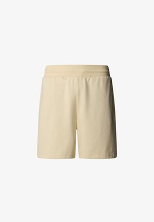 Lys beige shorts lavet af blød bomuld, med elastisk talje og et afslappet design uden synlige lommer eller mønstre.