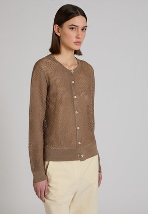 Kobieta o prostych brązowych włosach ubrana w brązowy teksturowany sweter na guziki oraz kremowe spodnie, stojąca na jednolitym szarym tle.