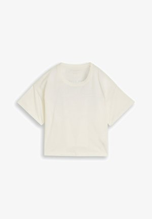 Tricou scurt, simplu, cropped, de culoare albă-crem, cu decolteu rotund, așezat plat pe un fundal alb.
