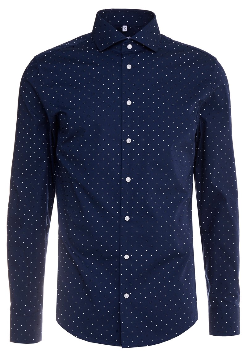 Mörkblå långärmad skjorta med knappar och vita prickar samt klassisk krage, visad framifrån på en vit bakgrund.