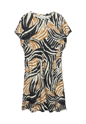 Robe à manches courtes avec motif abstrait noir, blanc et marron clair style zèbre et taille froncée avec cordon.