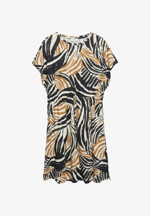 Jurk met korte mouwen met abstracte zwarte, witte en beige zebra-achtige print en een geplooide taille met trekkoord.