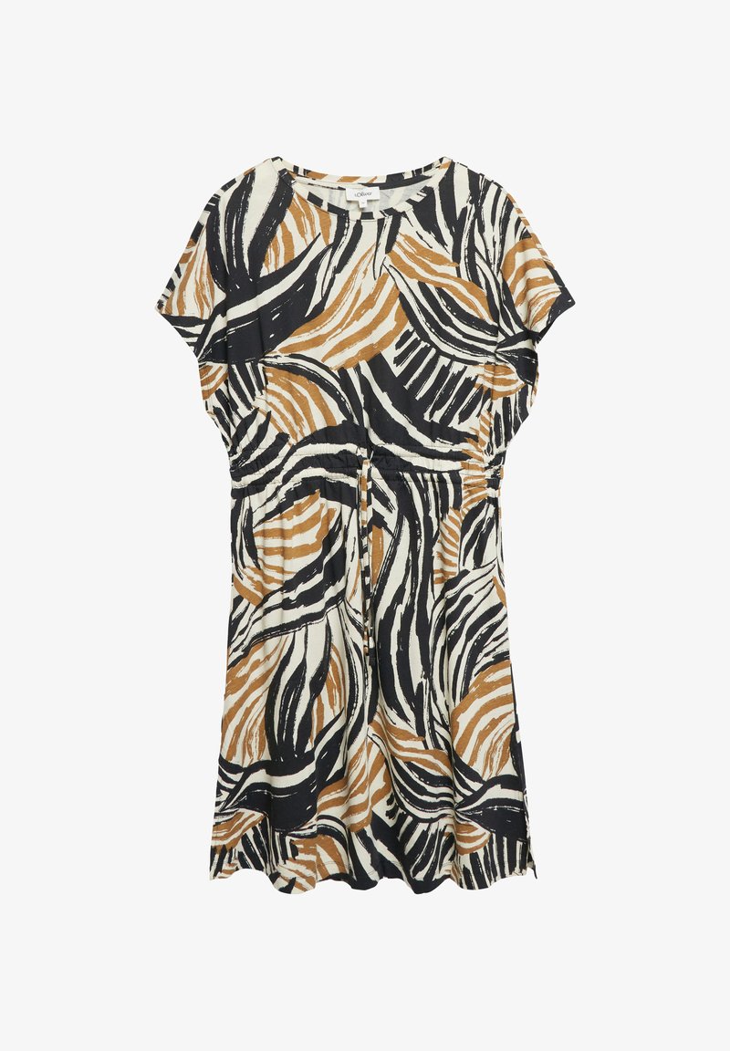 Robe à manches courtes avec motif abstrait noir, blanc et marron clair style zèbre et taille froncée avec cordon.